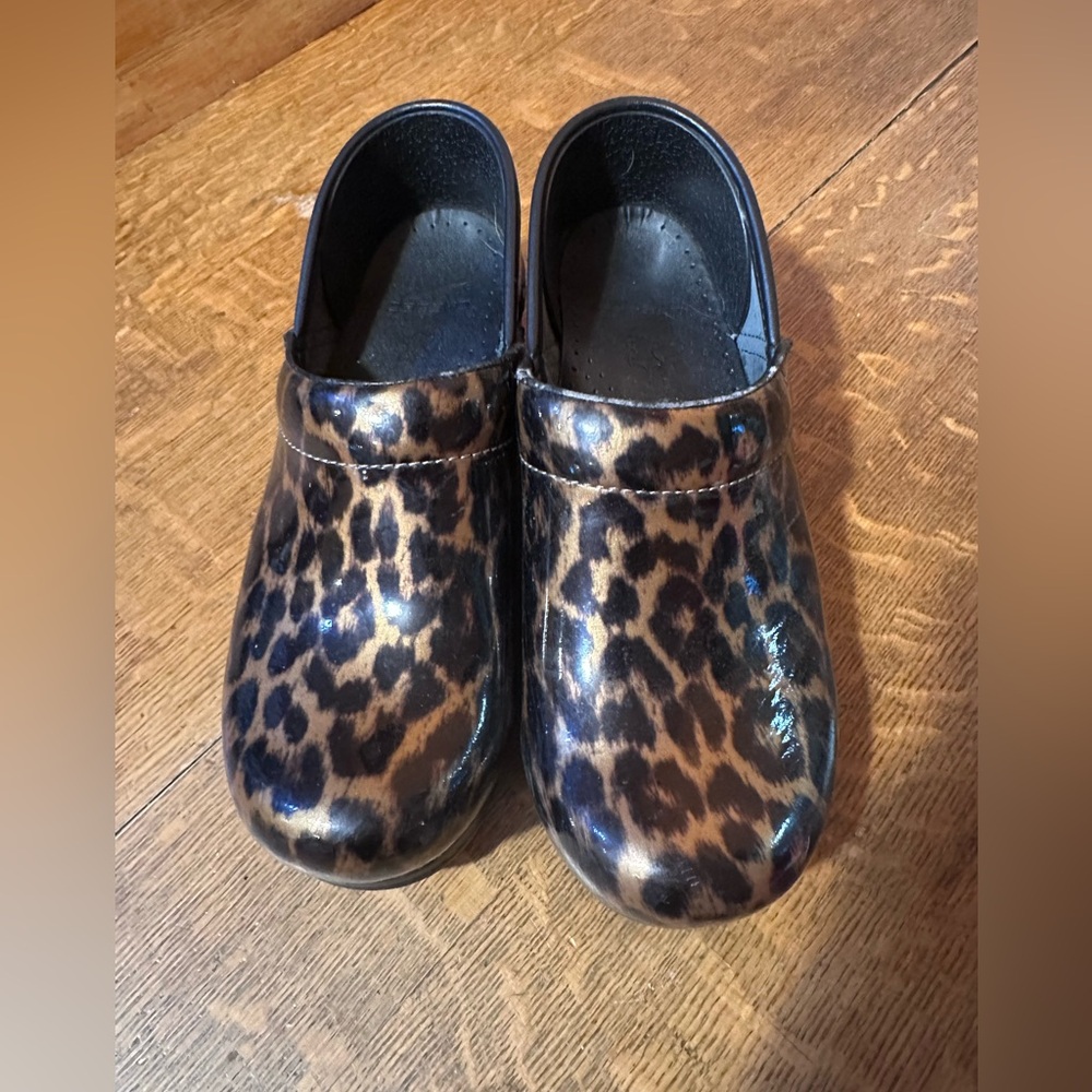 Dansko patent leopard print clogs size 38